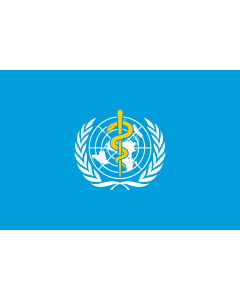 Bandera: WHO | World Health Organization | L Organisation mondiale de la santé | 世界衛生組織的旗幟。 |  bandera paisaje | 0.7m² | 70x100cm 